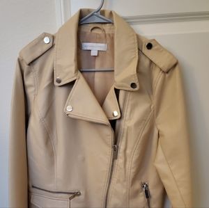 Tan faux leather moto jacket; New York and Company.